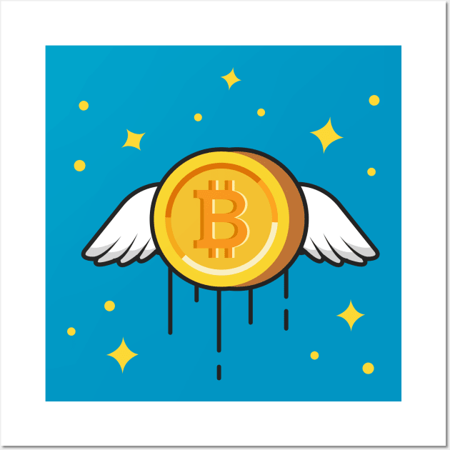 Flying Gold Bitcoin Cartoon Vector Icon Illustration Wall Art by Catalyst Labs